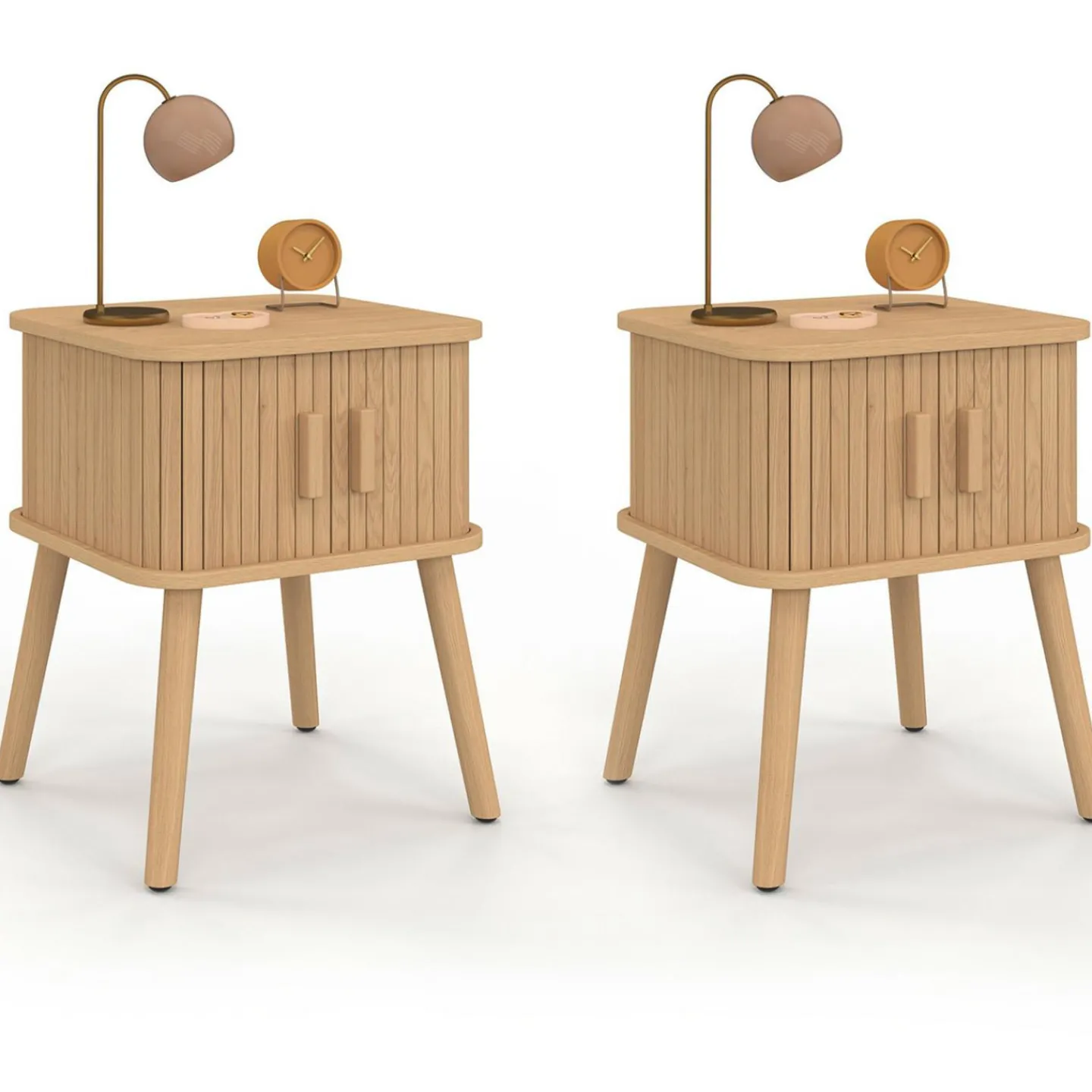Lot de 2 tables de chevet 2 portes coulissantes lattes tasseaux bois coloris chêne*IDMarket Best