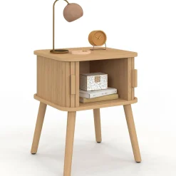 Lot de 2 tables de chevet 2 portes coulissantes lattes tasseaux bois coloris chêne*IDMarket Best