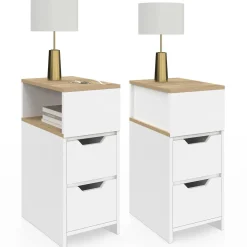 Lot de 2 tables de chevet bois et blanc 2 tiroirs avec niche latérale réversible*IDMarket Best