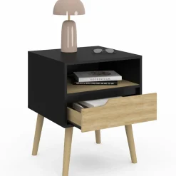 Lot de 2 tables de chevet scandinaves avec tiroir bois noir et effet hêtre*IDMarket