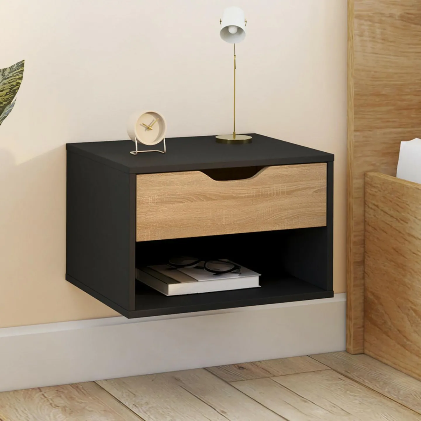 Lot de 2 tables de chevet suspendues 1 tiroir avec niche en bois façon hêtre et noir*IDMarket Outlet