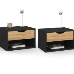 Lot de 2 tables de chevet suspendues 1 tiroir avec niche en bois façon hêtre et noir*IDMarket Outlet