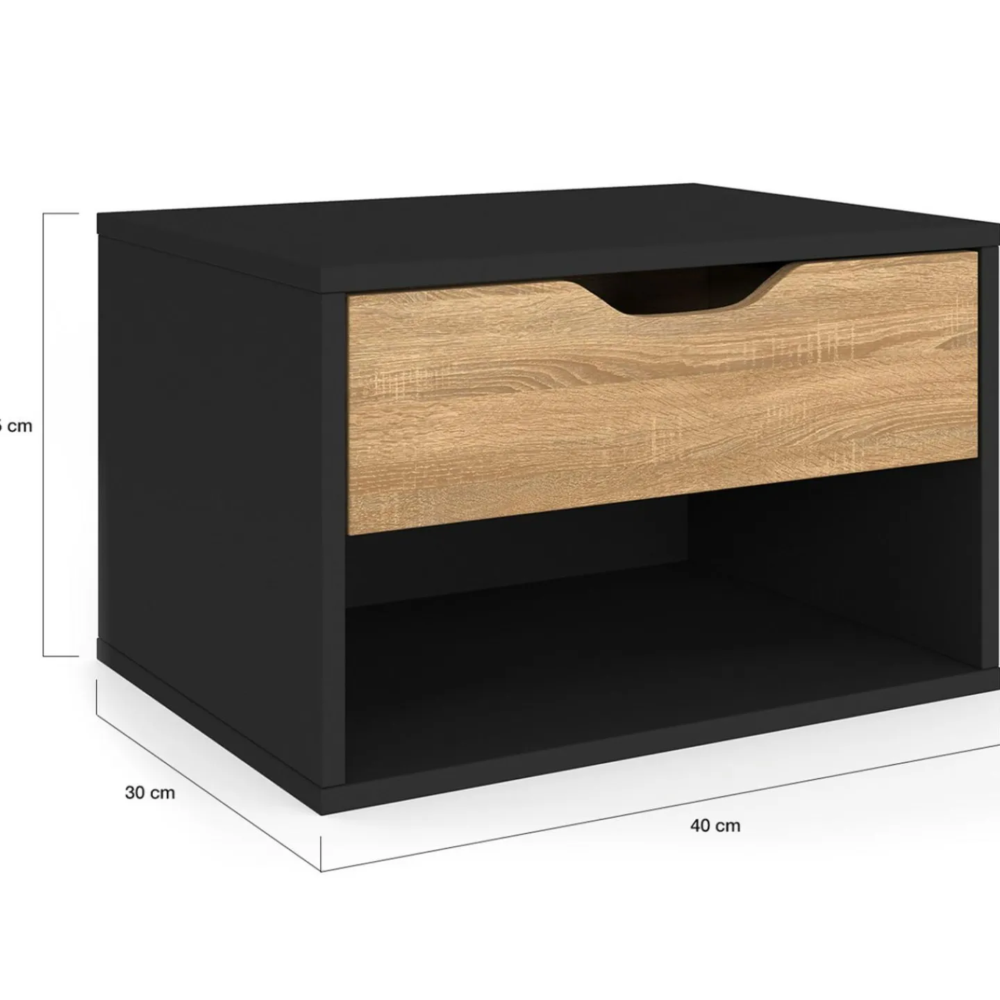 Lot de 2 tables de chevet suspendues 1 tiroir avec niche en bois façon hêtre et noir*IDMarket Outlet