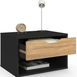 Lot de 2 tables de chevet suspendues 1 tiroir avec niche en bois façon hêtre et noir*IDMarket Outlet