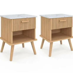 Lot de 2 tables de chevet JULIETTE plateau effet marbre 1 tiroir avec niche lattes tasseau bois*IDMarket Sale
