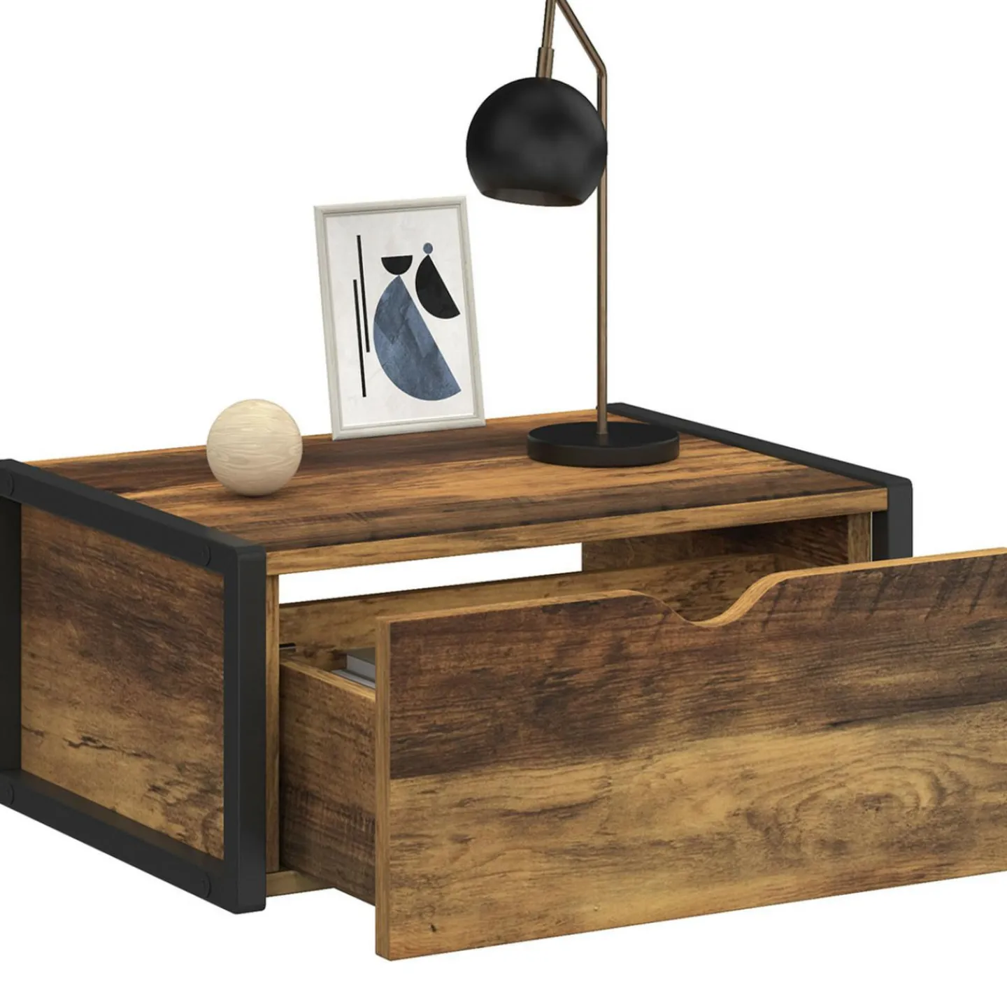 Lot de 2 tables de chevet suspendues bois foncé et noir style industriel*IDMarket New