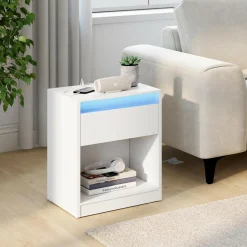 Lot de 2 tables de chevet à LED avec station de recharge 1 tiroir et niche*IDMarket Clearance