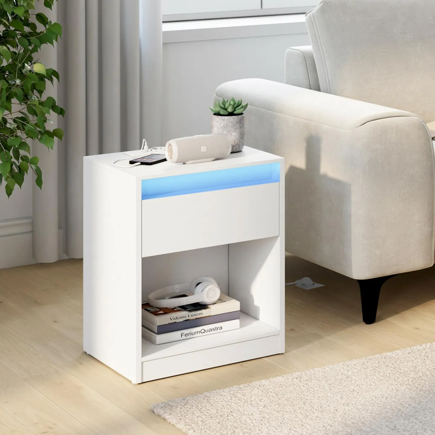 Lot de 2 tables de chevet à LED avec station de recharge 1 tiroir et niche*IDMarket Clearance