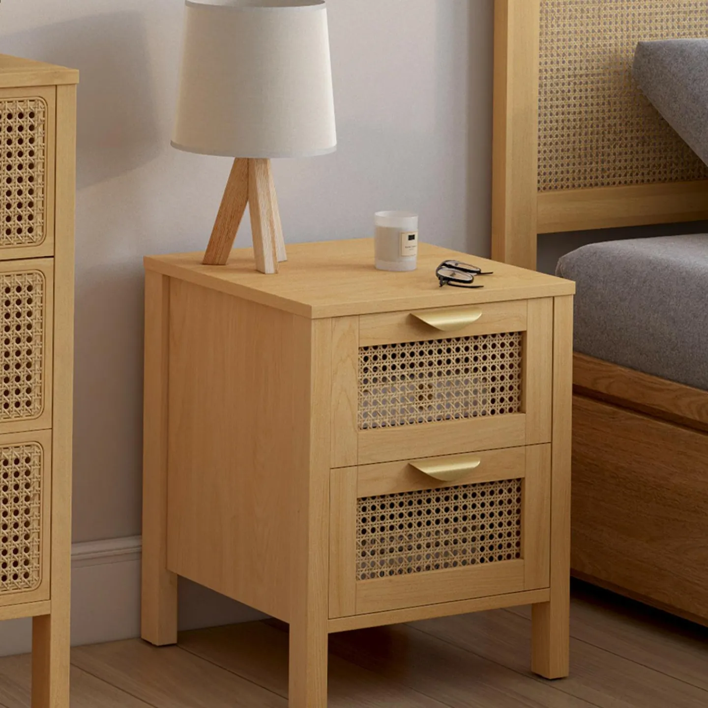 Lot de 2 tables de chevet 2 tiroirs cannage et bois*IDMarket New