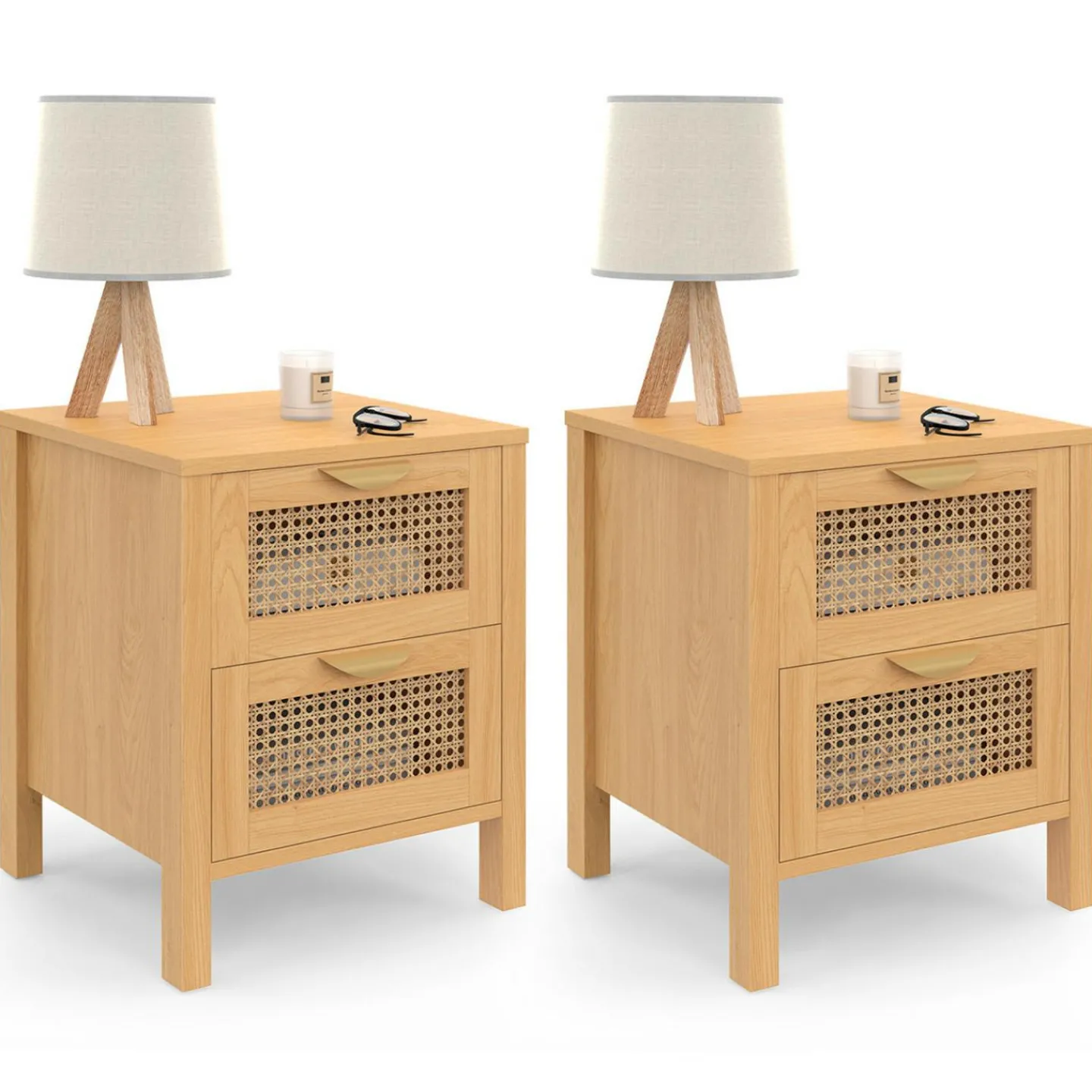 Lot de 2 tables de chevet 2 tiroirs cannage et bois*IDMarket New