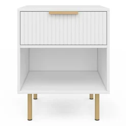 Lot de 2 tables de chevet bois blanc avec 1 tiroir lattes tasseau, une niche et pieds doré*IDMarket Clearance