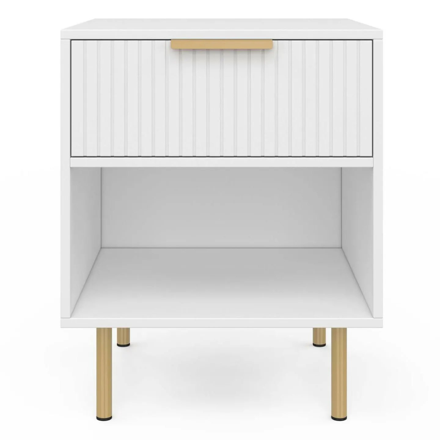 Lot de 2 tables de chevet bois blanc avec 1 tiroir lattes tasseau, une niche et pieds doré*IDMarket Clearance