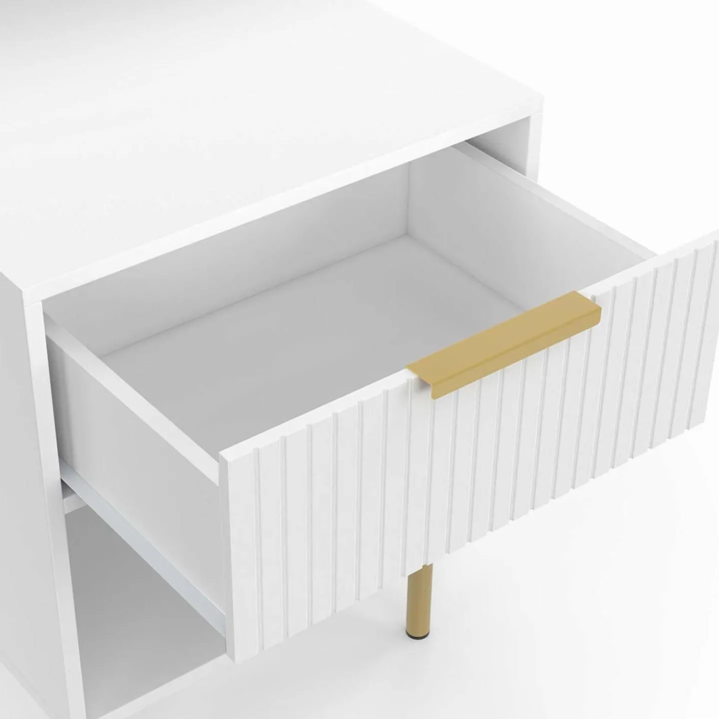 Lot de 2 tables de chevet bois blanc avec 1 tiroir lattes tasseau, une niche et pieds doré*IDMarket Clearance