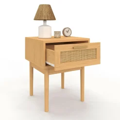 lot de 2 tables de chevet en bois cannage effet naturel avec 1 tiroir*IDMarket Discount