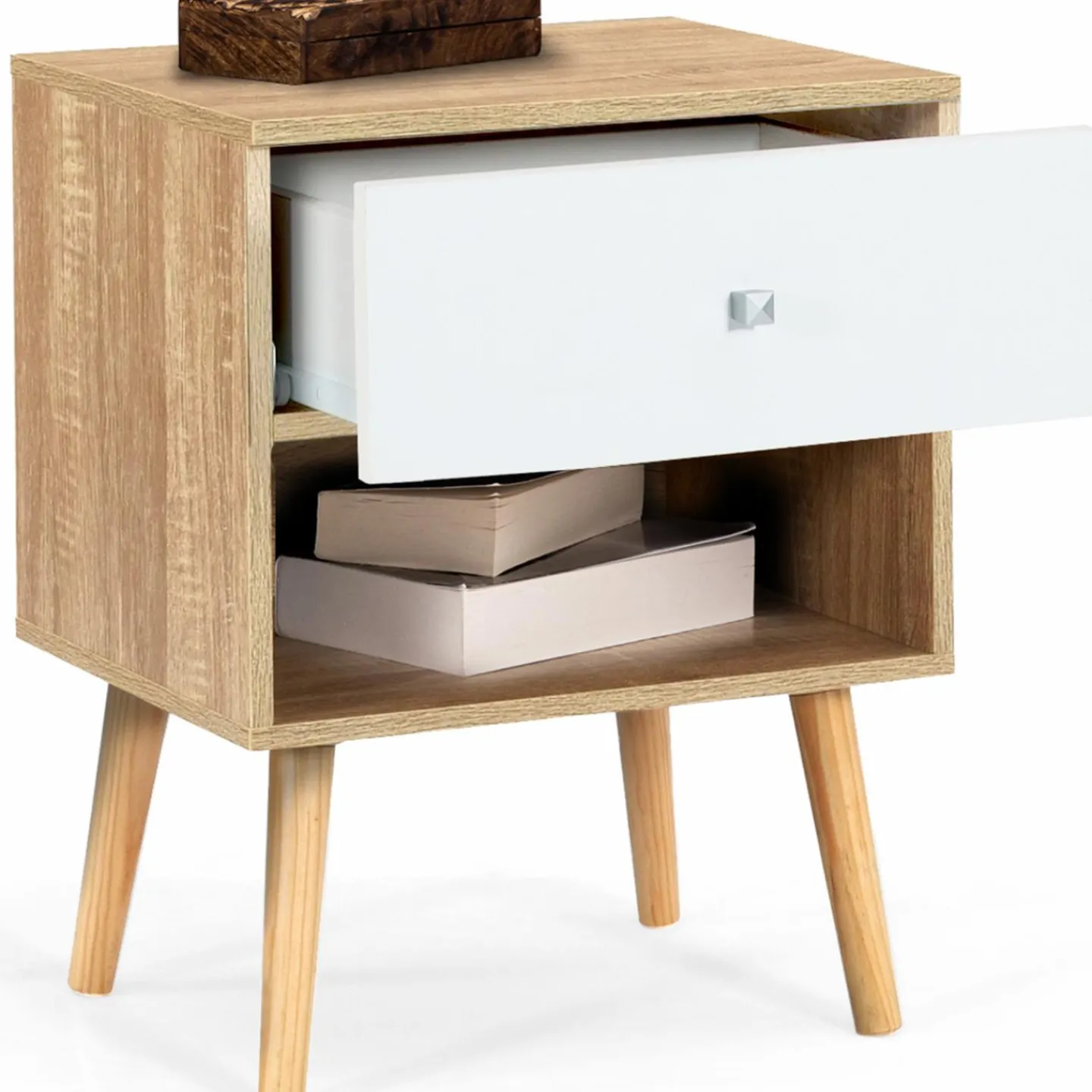 Lot de 2 tables de chevet scandinaves hêtre et blanc 1 tiroir*IDMarket Hot