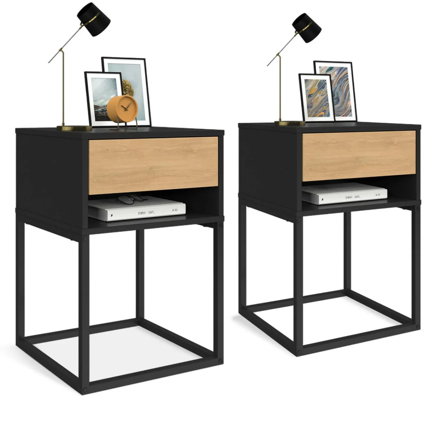 Lot de 2 tables de chevet 1 tiroir façon hêtre et 1 niche noire*IDMarket Discount