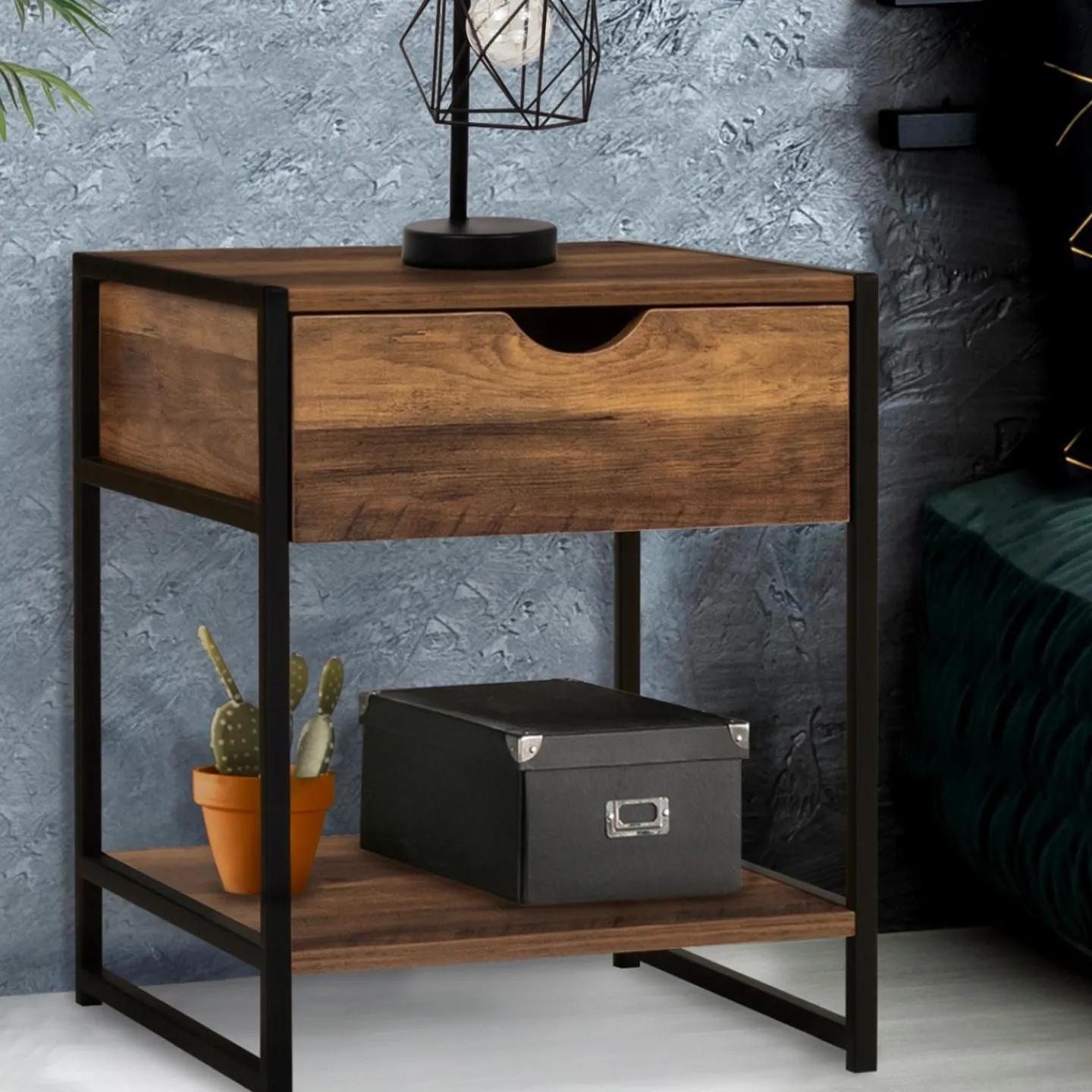 Lot de 2 tables de chevet métal et bois foncé*IDMarket Hot