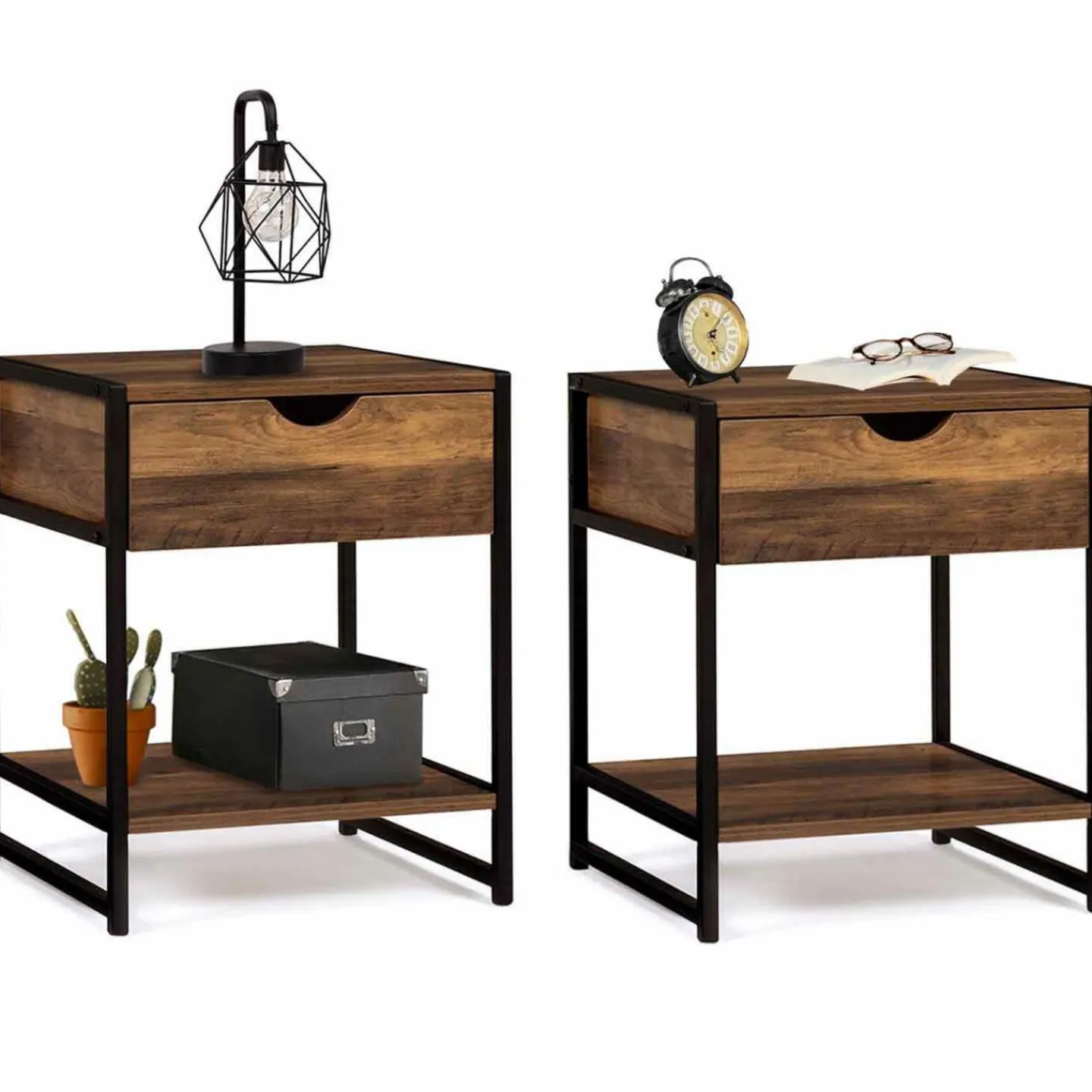 Lot de 2 tables de chevet métal et bois foncé*IDMarket Hot