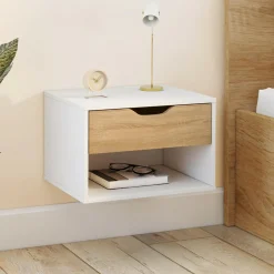 Lot de 2 tables de chevet suspendues 1 tiroir avec niche en bois façon hêtre et blanc*IDMarket Sale