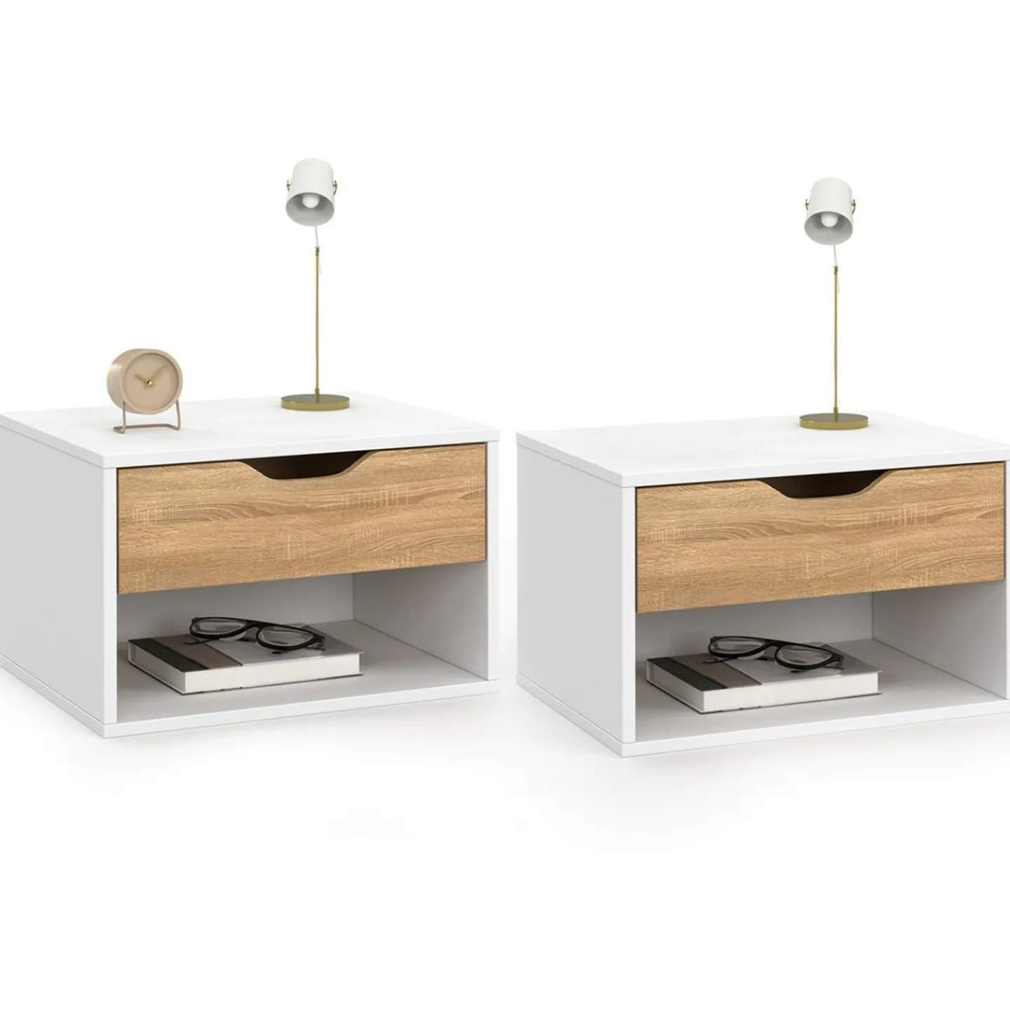 Lot de 2 tables de chevet suspendues 1 tiroir avec niche en bois façon hêtre et blanc*IDMarket Sale