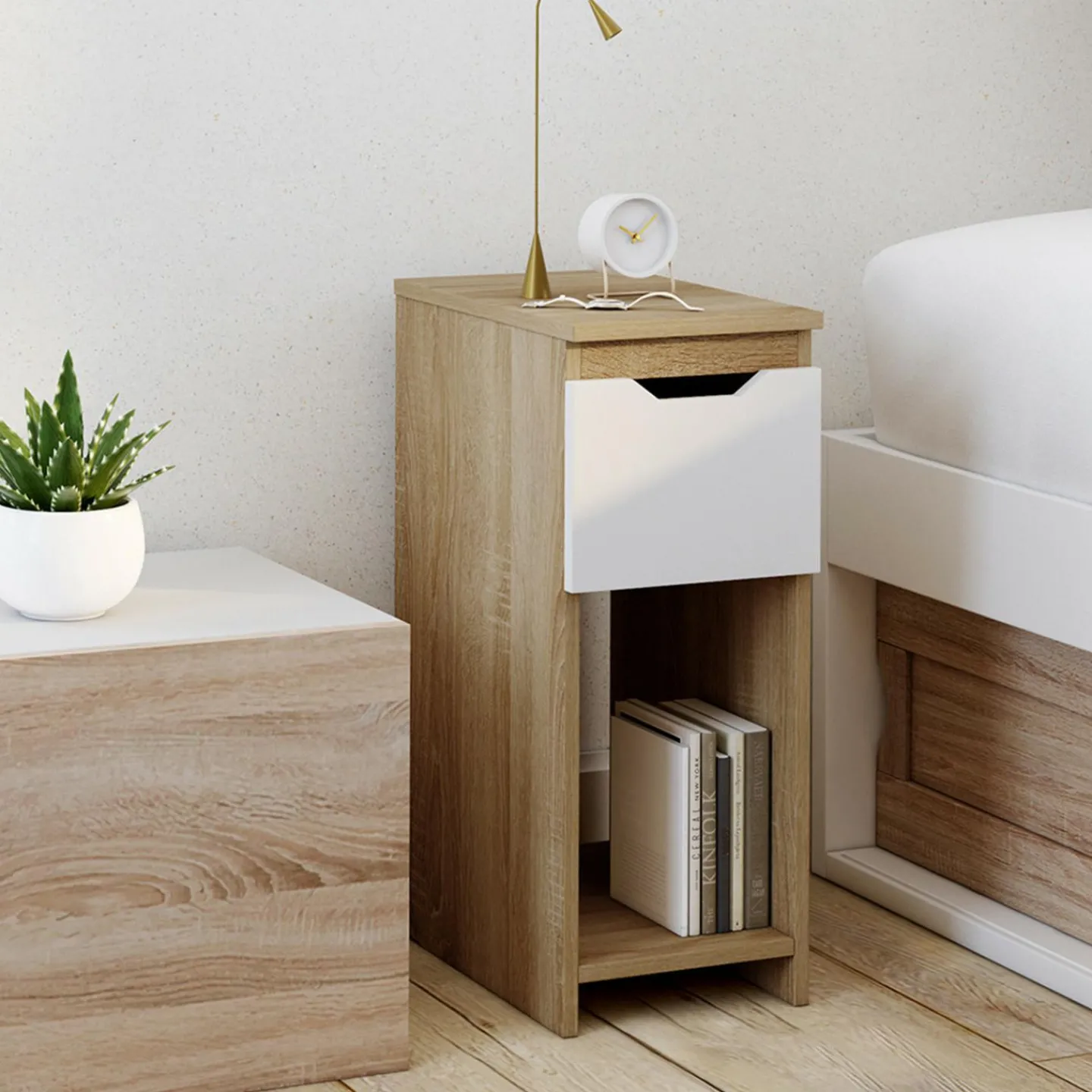 Lot de 2 tables de chevet 1 tiroir avec niche bois façon hêtre et blanc*IDMarket Discount