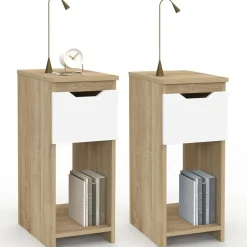 Lot de 2 tables de chevet 1 tiroir avec niche bois façon hêtre et blanc*IDMarket Discount