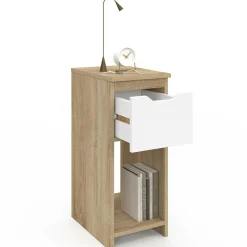Lot de 2 tables de chevet 1 tiroir avec niche bois façon hêtre et blanc*IDMarket Discount