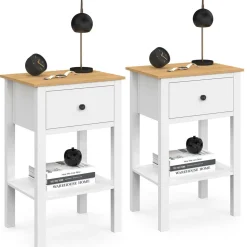 Lot de 2 tables de chevet 1 tiroir et 1 tablette blanc et plateau bois*IDMarket Clearance