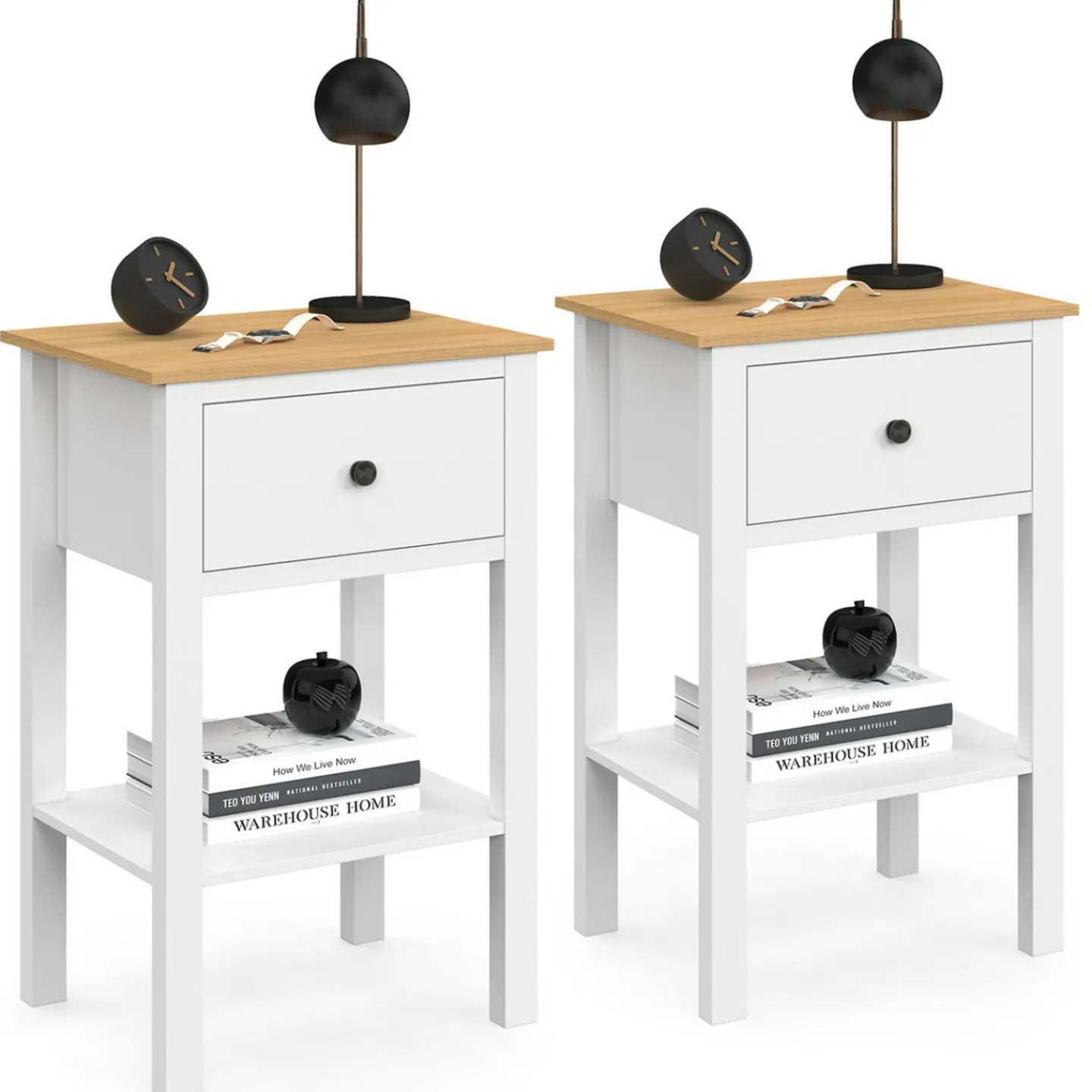 Lot de 2 tables de chevet 1 tiroir et 1 tablette blanc et plateau bois*IDMarket Clearance