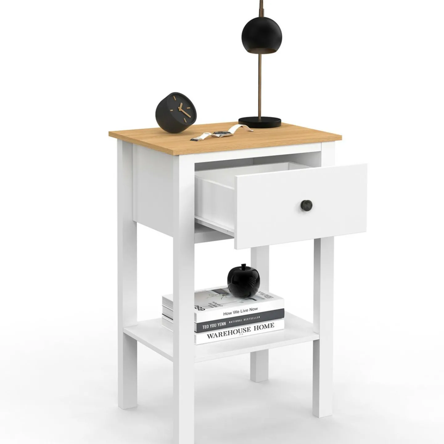 Lot de 2 tables de chevet 1 tiroir et 1 tablette blanc et plateau bois*IDMarket Clearance