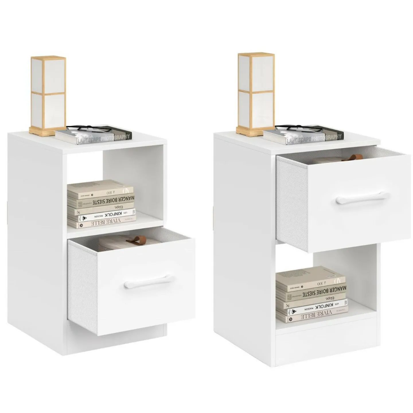 Lot de 2 tables de chevet 1 tiroir en tissu avec niche bois blanc*IDMarket Hot