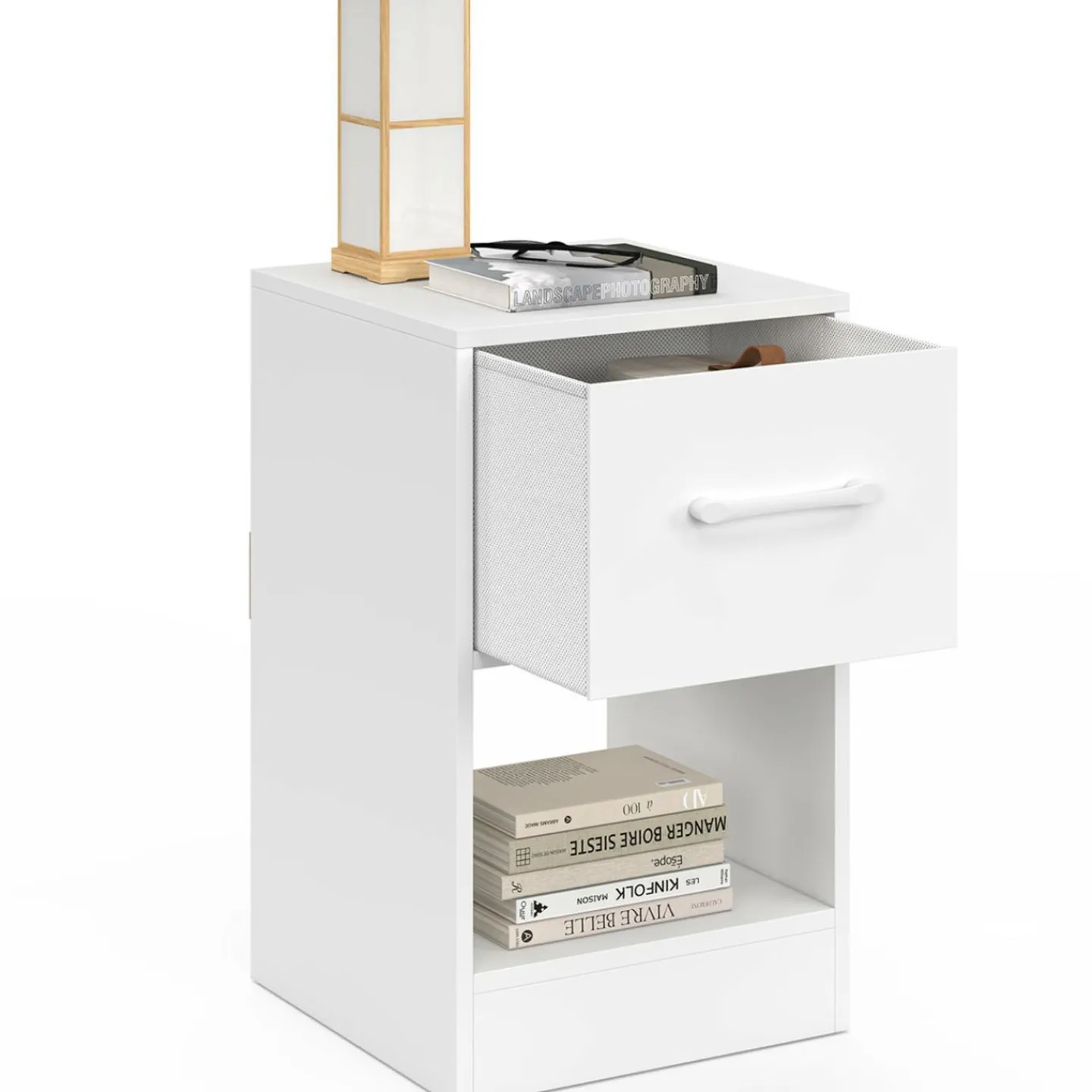 Lot de 2 tables de chevet 1 tiroir en tissu avec niche bois blanc*IDMarket Hot