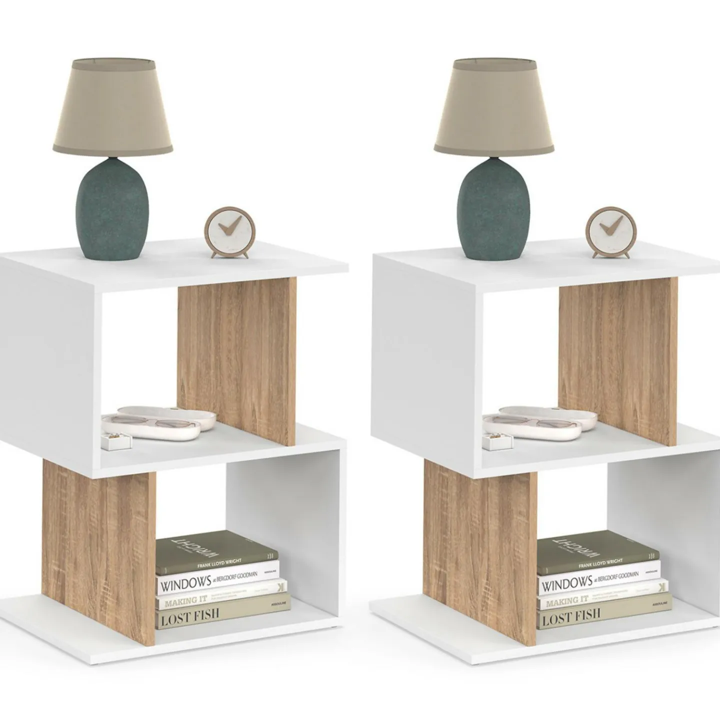 Lot de 2 tables de chevet forme S avec rangements ouverts blanc et effet hêtre*IDMarket