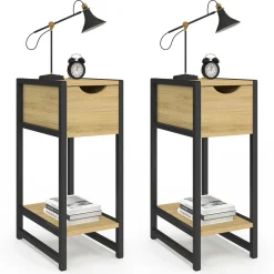 Lot de 2 tables de chevet gain de place bois et métal noir 1 tiroir 1 tablette style industriel*IDMarket Discount