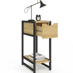 Lot de 2 tables de chevet gain de place bois et métal noir 1 tiroir 1 tablette style industriel*IDMarket Discount