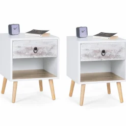 lot de 2 tables de chevet blanches effet vieilli 1 tiroir style scandinave*IDMarket Best