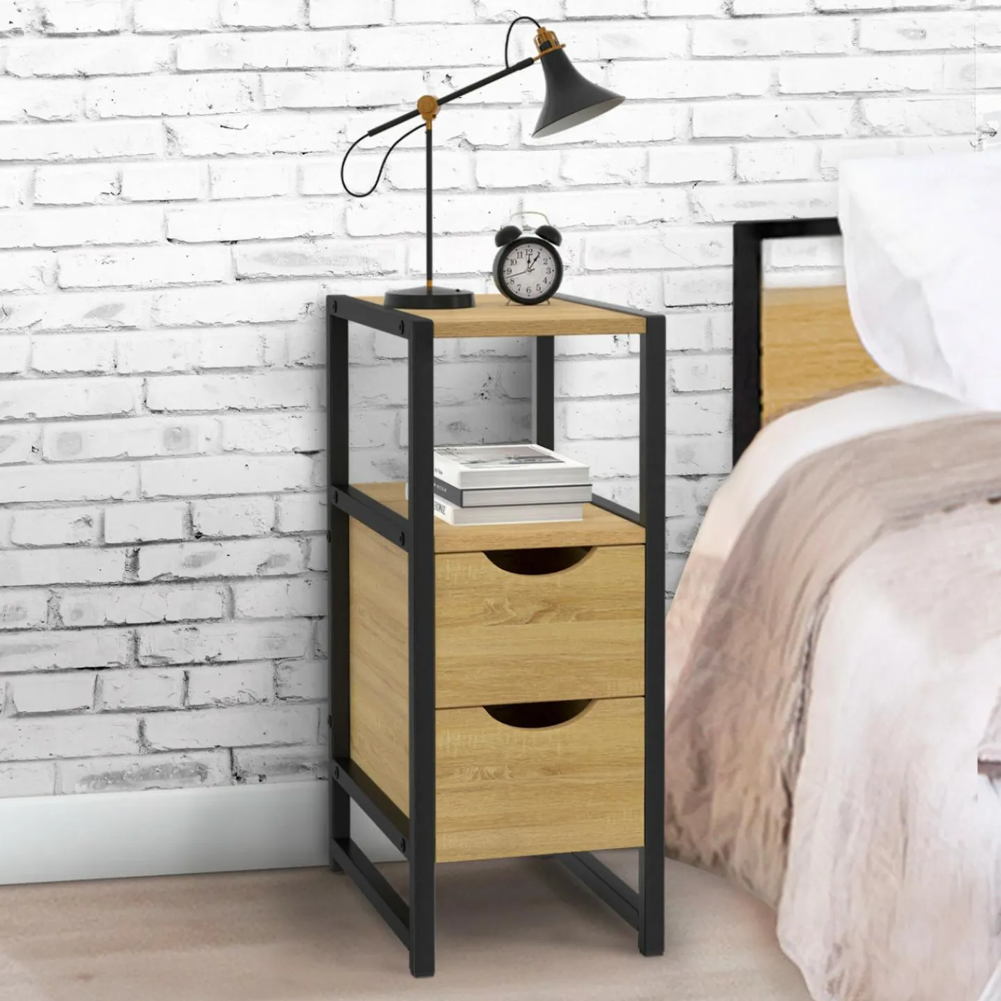 Lot de 2 tables de chevet bois et métal noir 2 tiroirs 1 niche style industriel*IDMarket Outlet