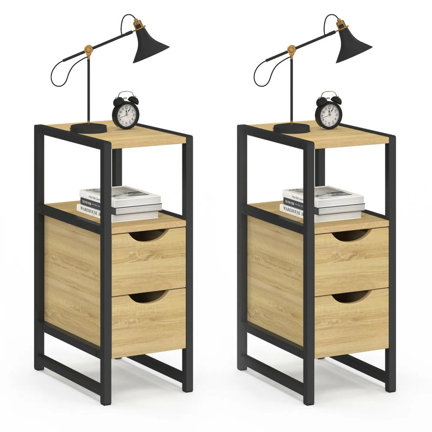 Lot de 2 tables de chevet bois et métal noir 2 tiroirs 1 niche style industriel*IDMarket Outlet