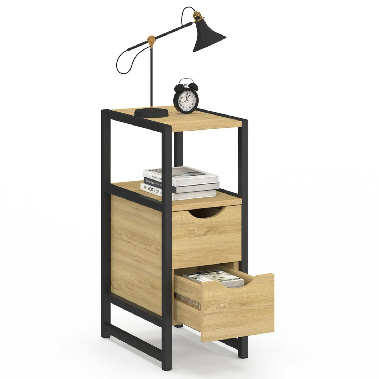 Lot de 2 tables de chevet bois et métal noir 2 tiroirs 1 niche style industriel*IDMarket Outlet