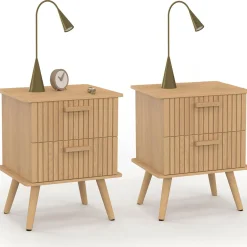Lot de 2 tables de chevet 2 tiroirs lattes tasseau bois coloris chêne*IDMarket Clearance