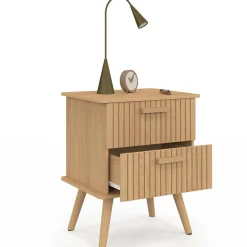 Lot de 2 tables de chevet 2 tiroirs lattes tasseau bois coloris chêne*IDMarket Clearance