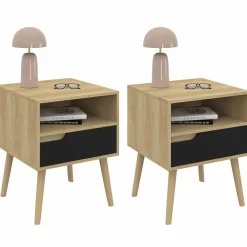 Lot de 2 tables de chevet scandinaves avec tiroir bois effet hêtre et noir*IDMarket Best