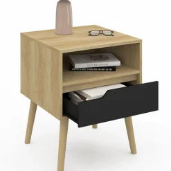 Lot de 2 tables de chevet scandinaves avec tiroir bois effet hêtre et noir*IDMarket Best