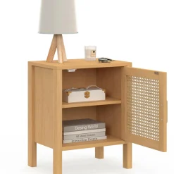 Lot de 2 tables de chevet 1 porte cannage et bois*IDMarket Hot