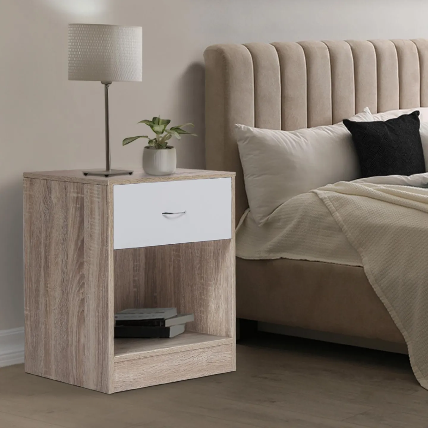 Lot de 2 tables de nuit bois façon hêtre tiroir blanc*IDMarket Sale