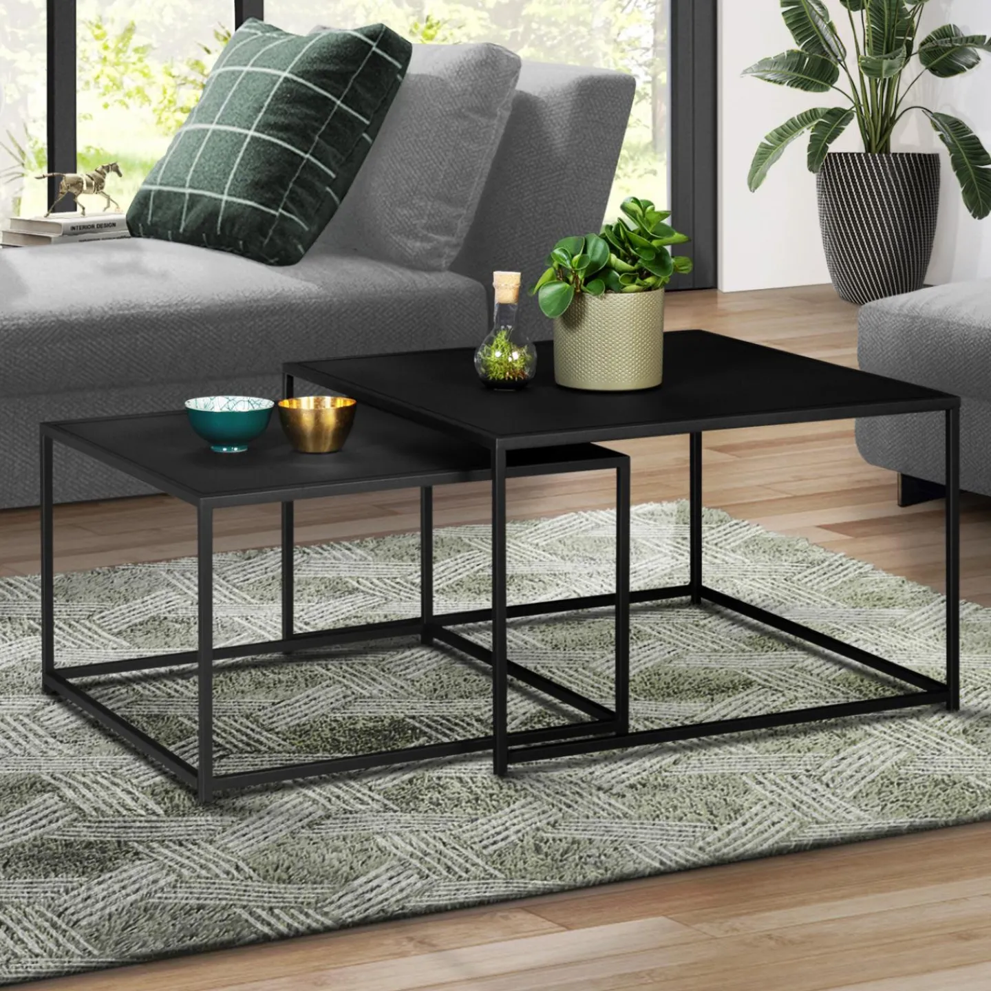 Lot de 2 tables gigognes métal noir carrées 60 cm et 70 cm*IDMarket Sale