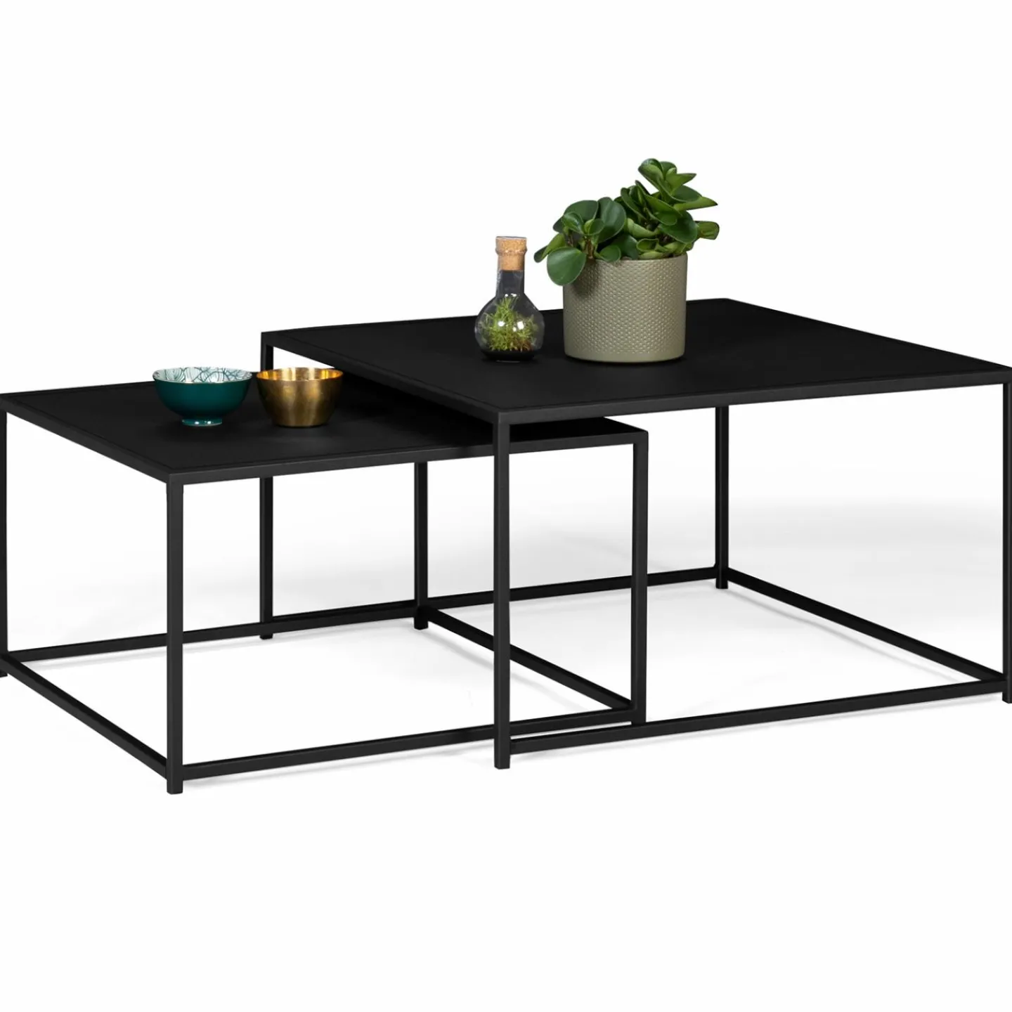 Lot de 2 tables gigognes métal noir carrées 60 cm et 70 cm*IDMarket Sale