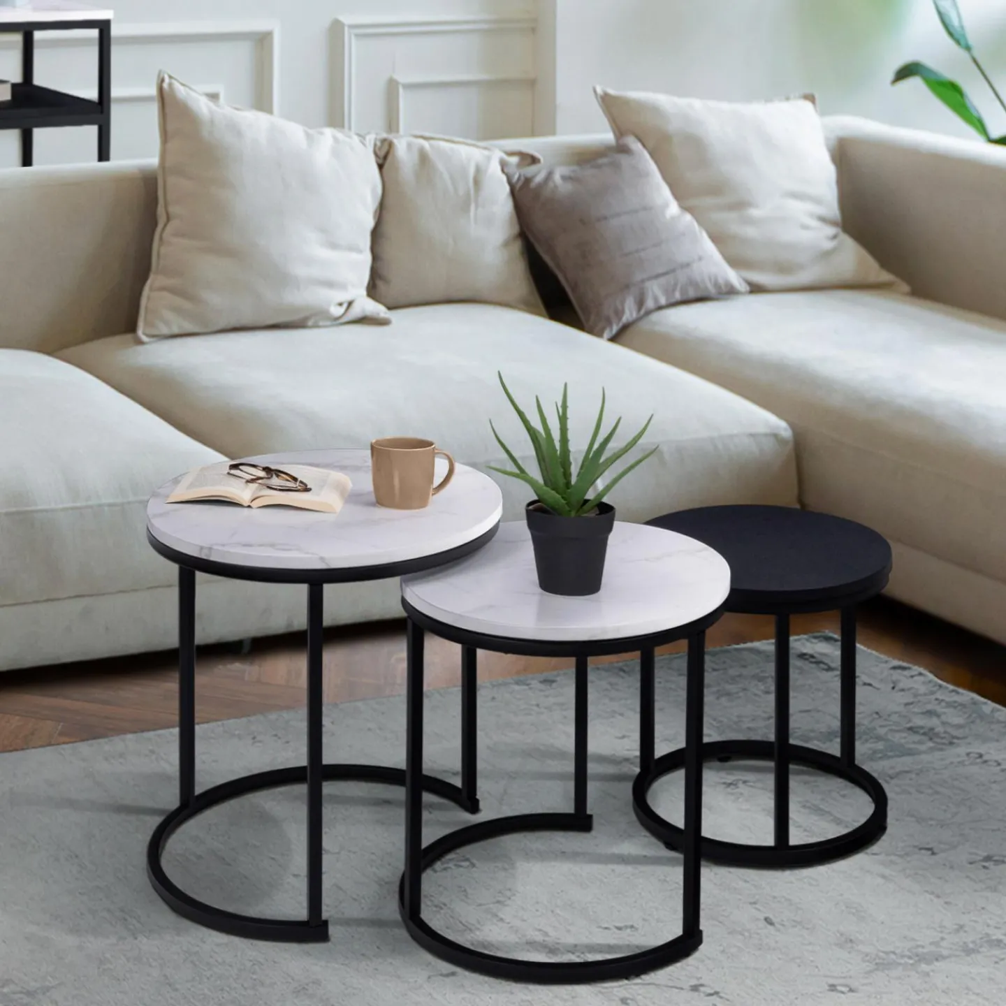 Lot de 3 tables gigognes rondes effet marbre et bois noir 35/40/45 cm*IDMarket Online