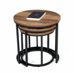 Lot de 3 tables gigognes rondes style industriel bois foncé*IDMarket Clearance