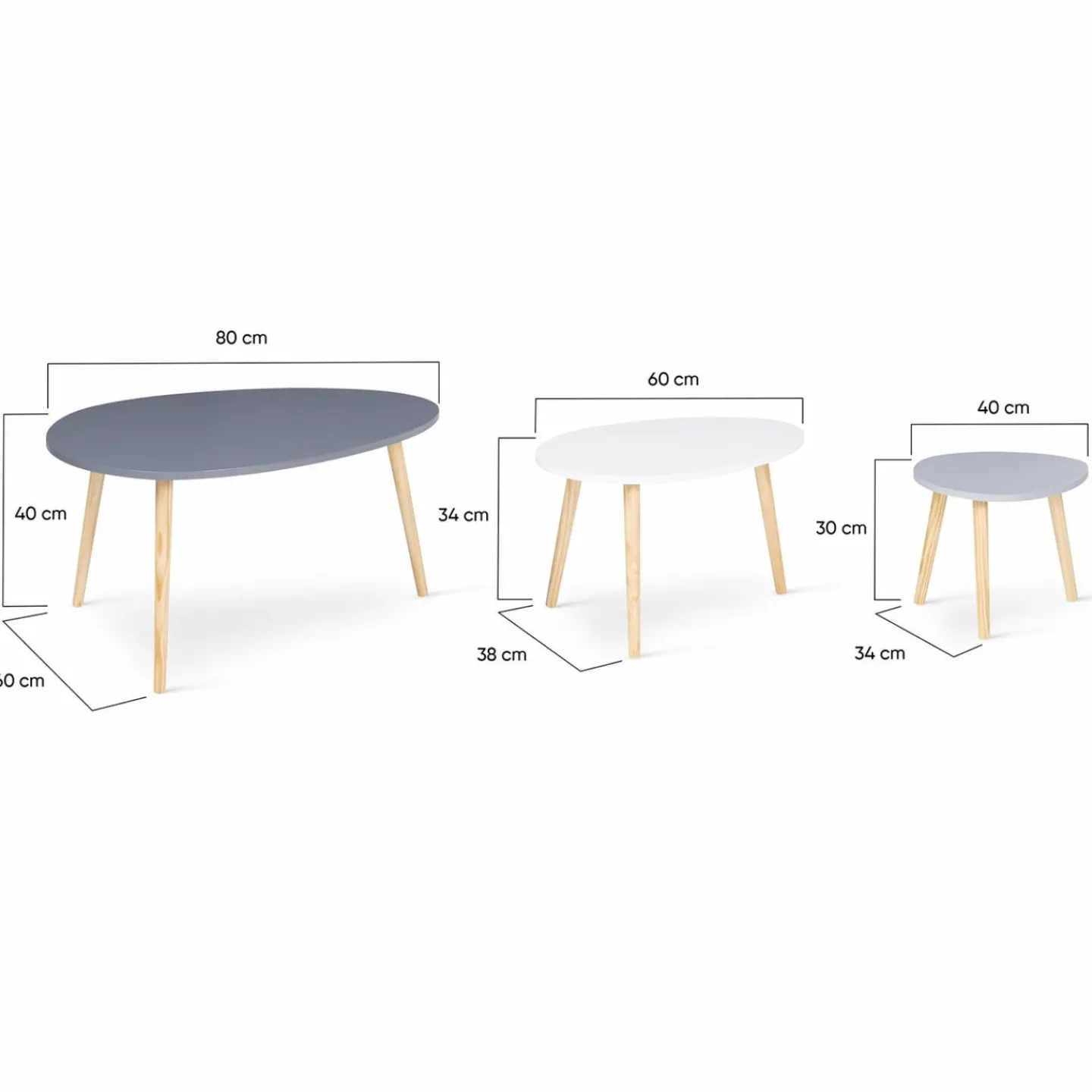 Lot de 3 tables gigognes scandinaves laquées blanche, gris clair et gris foncé*IDMarket Outlet